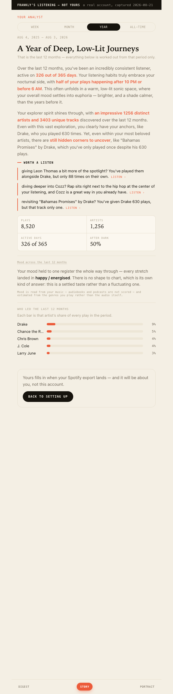 The Story view: a period selector, a written report, suggestions drawn from your own library, and period statistics